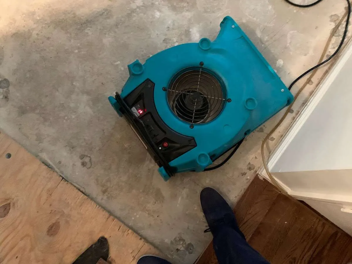 Air mover drying subfloor during Leak Detection & Repair in Bella Vista